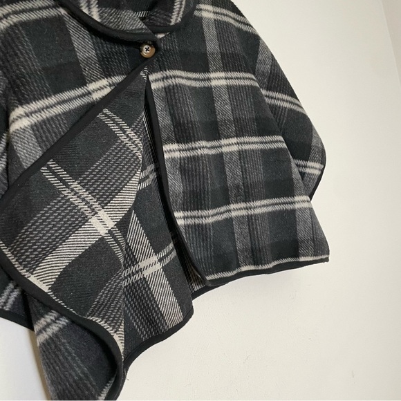 Wool blend plaid tartan checkered cropped poncho shawl jacket topper S - Picture 11 of 17